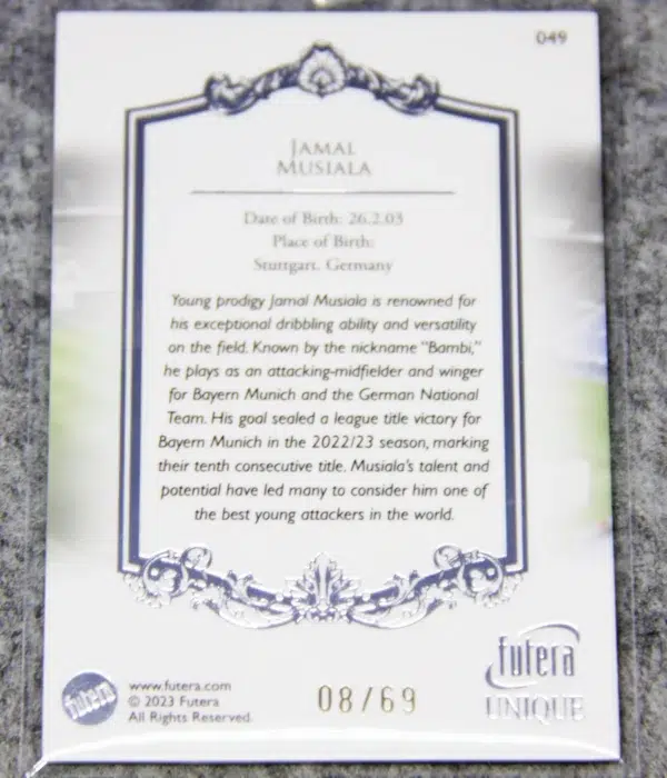 2023 Jamal Musiala #049 Futera Unique Football Silver SN#8 - back