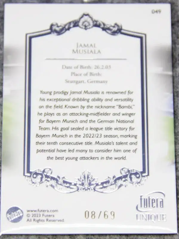 2023 Jamal Musiala #049 Futera Unique Football Silver SN#8 - back