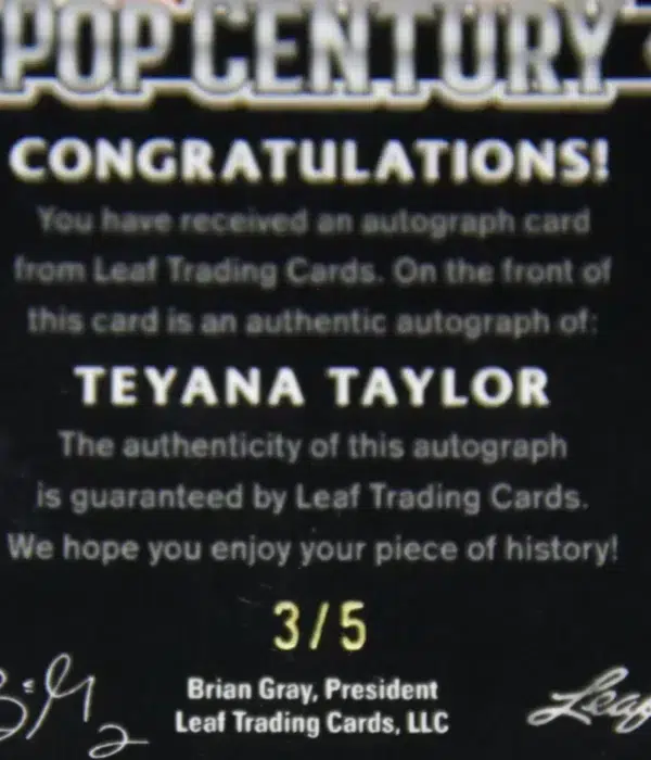 2023 Teyana Taylor #BA-TT1 Leaf Pop Century 1st Pop Century Auto Black SN#3 - detail