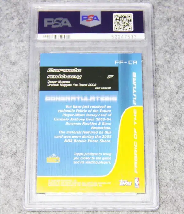 2003 Carmelo Anthony #FF-CA Topps Bowman Fabric of the Future RC PSA 9 Mint - back