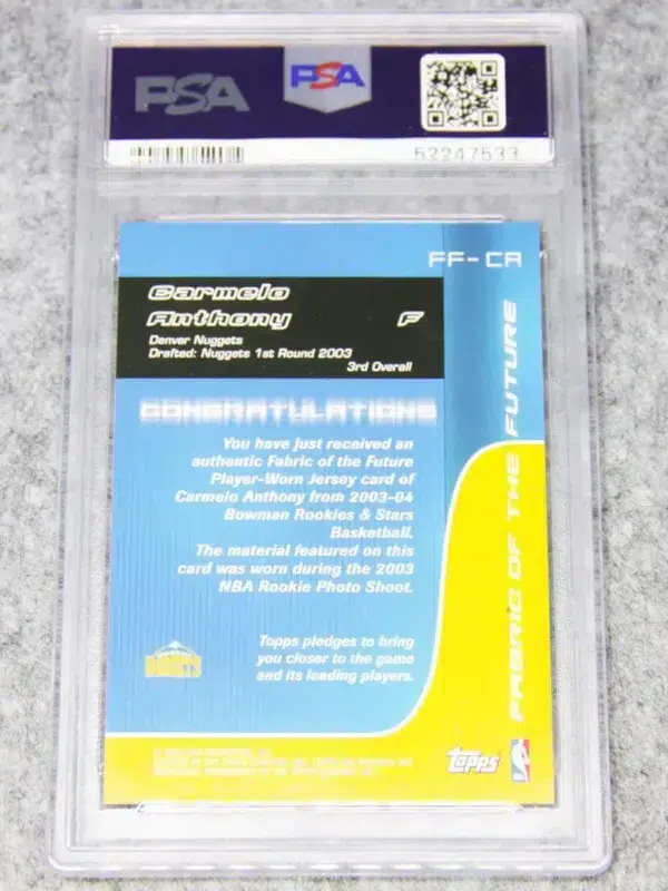 2003 Carmelo Anthony #FF-CA Topps Bowman Fabric of the Future RC PSA 9 Mint - back