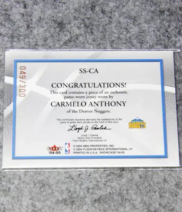 2004-05 Carmelo Anthony #SS-CA Fleer Supreme Showcase Game-Worn Jersey SN#49 - back