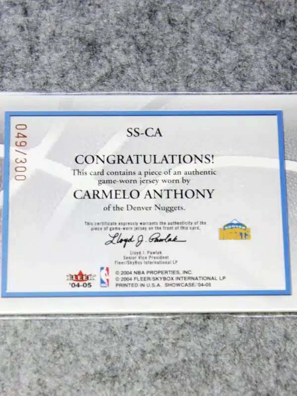 2004-05 Carmelo Anthony #SS-CA Fleer Supreme Showcase Game-Worn Jersey SN#49 - back