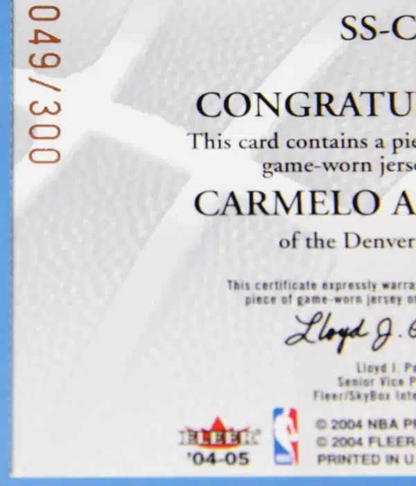 2004-05 Carmelo Anthony #SS-CA Fleer Supreme Showcase Game-Worn Jersey SN#49 - detail