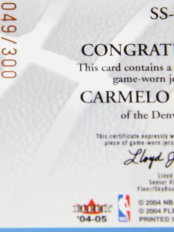 2004-05 Carmelo Anthony #SS-CA Fleer Supreme Showcase Game-Worn Jersey SN#49 - detail