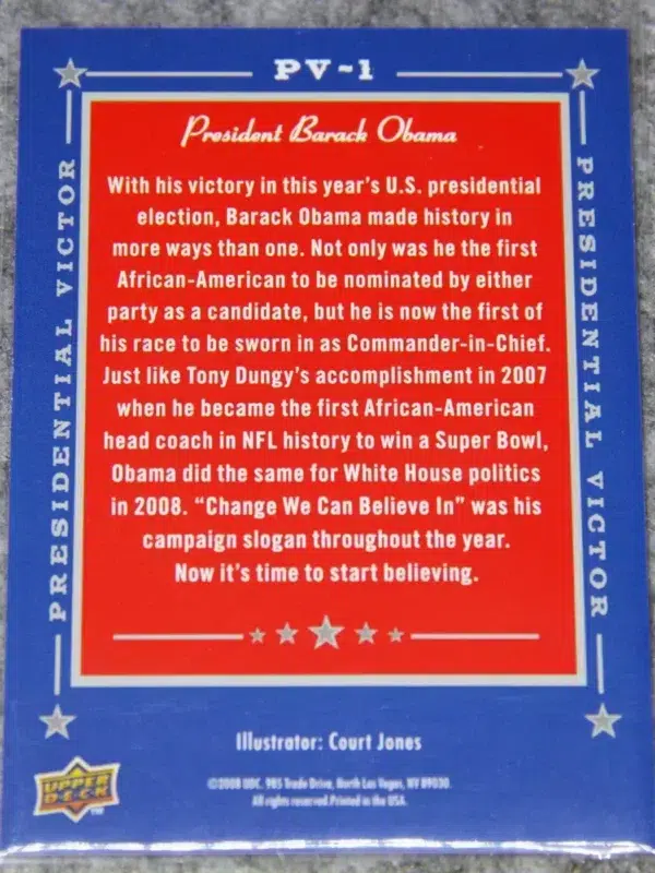 2008 Barack Obama #PV-1 Upper Deck Presidential Victor - back