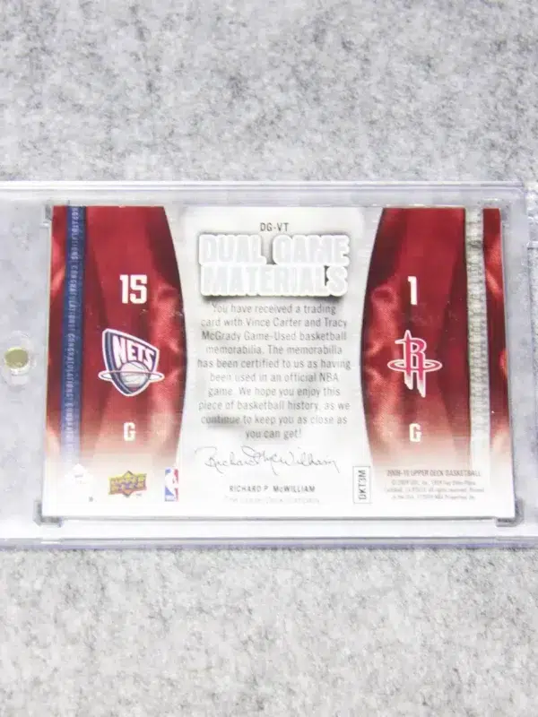 2009-10 Vince Carter & Tracy McGrady #DG-VT Upper Deck Dual Game Materials - back