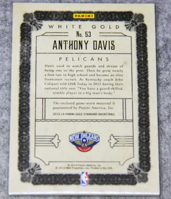 2013-14 Anthony Davis #53 Panini White Gold Threads Patch SN#140 - back