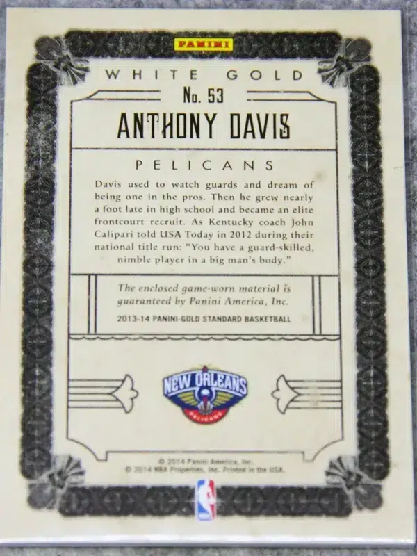2013-14 Anthony Davis #53 Panini White Gold Threads Patch SN#140 - back