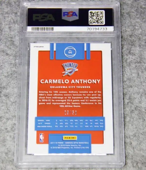 2017-18 Carmelo Anthony #96 Panini Donruss Optic Fast Break Blue Prizm SN#29 PSA 10 GEM MT - back