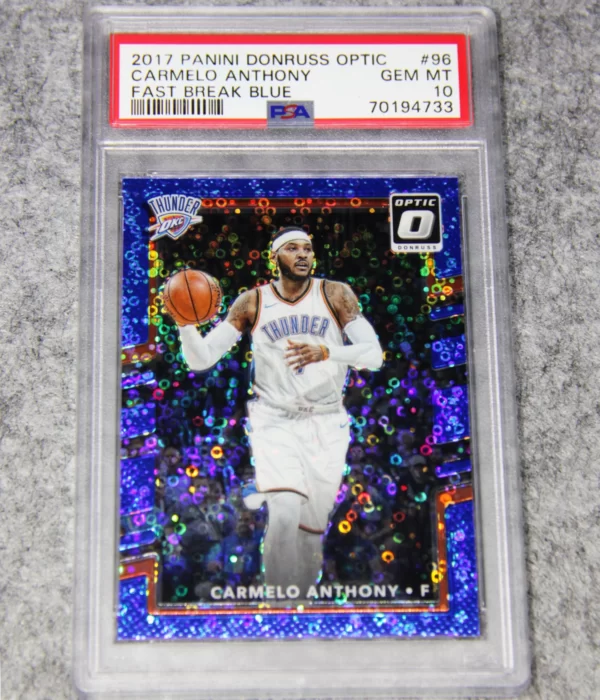2017-18 Carmelo Anthony #96 Panini Donruss Optic Fast Break Blue Prizm SN#29 PSA 10 GEM MT - front