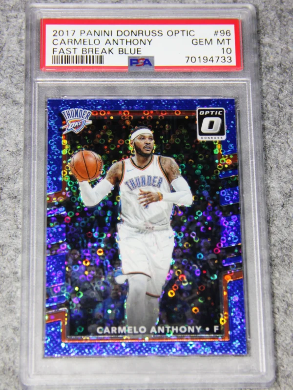 2017-18 Carmelo Anthony #96 Panini Donruss Optic Fast Break Blue Prizm SN#29 PSA 10 GEM MT - front