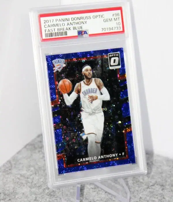 2017-18 Carmelo Anthony #96 Panini Donruss Optic Fast Break Blue Prizm SN#29 PSA 10 GEM MT - stand