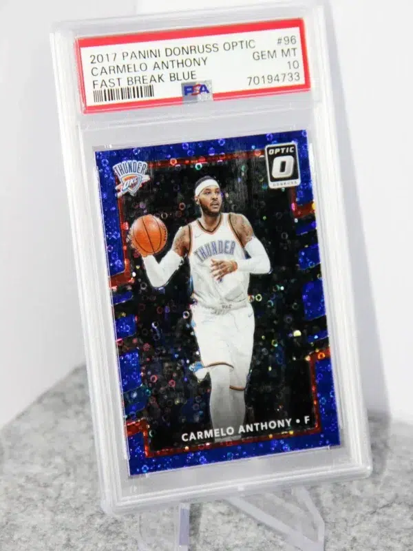 2017-18 Carmelo Anthony #96 Panini Donruss Optic Fast Break Blue Prizm SN#29 PSA 10 GEM MT - stand