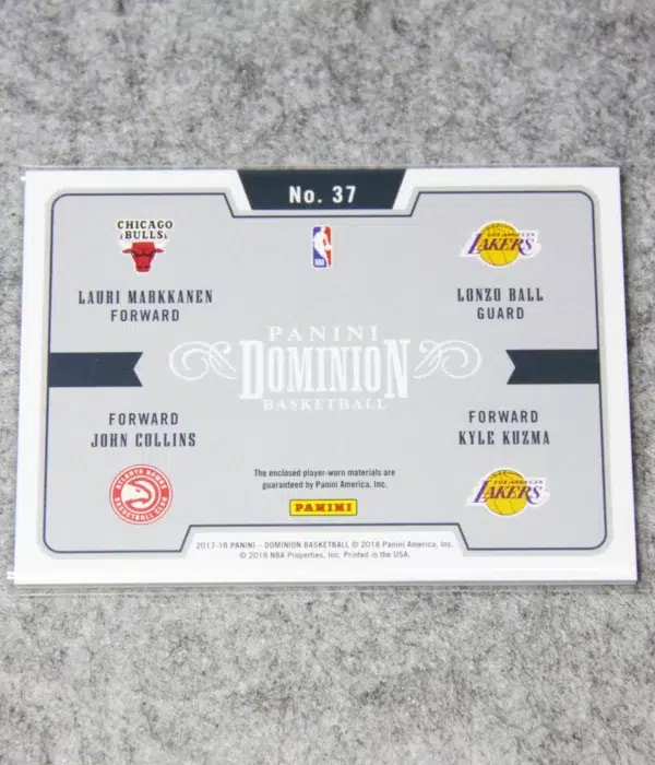 2017-18 Lauri Markkanen, Lonzo Ball, John Collins & Kyle Kuzma #37 Panini Dominion Quad Relic Rookies SN#55 -back