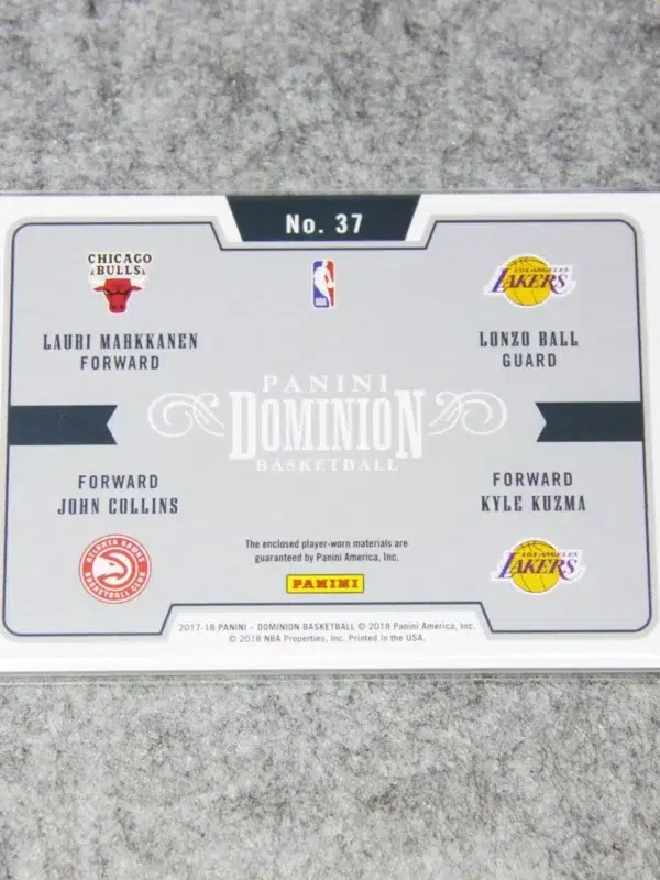 2017-18 Lauri Markkanen, Lonzo Ball, John Collins & Kyle Kuzma #37 Panini Dominion Quad Relic Rookies SN#55 -back
