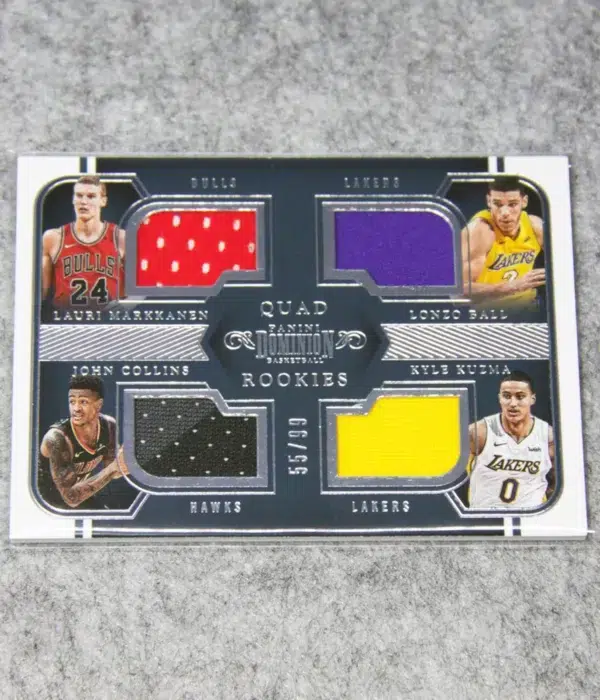 2017-18 Lauri Markkanen, Lonzo Ball, John Collins & Kyle Kuzma #37 Panini Dominion Quad Relic Rookies SN#55 - front