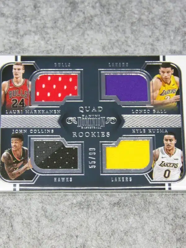 2017-18 Lauri Markkanen, Lonzo Ball, John Collins & Kyle Kuzma #37 Panini Dominion Quad Relic Rookies SN#55 - front