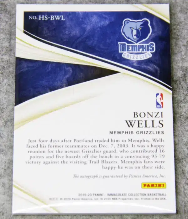 2019-20 Bonzi Wells #HS-BWL Panini Immaculate Heralded Signatures SN#15 - back
