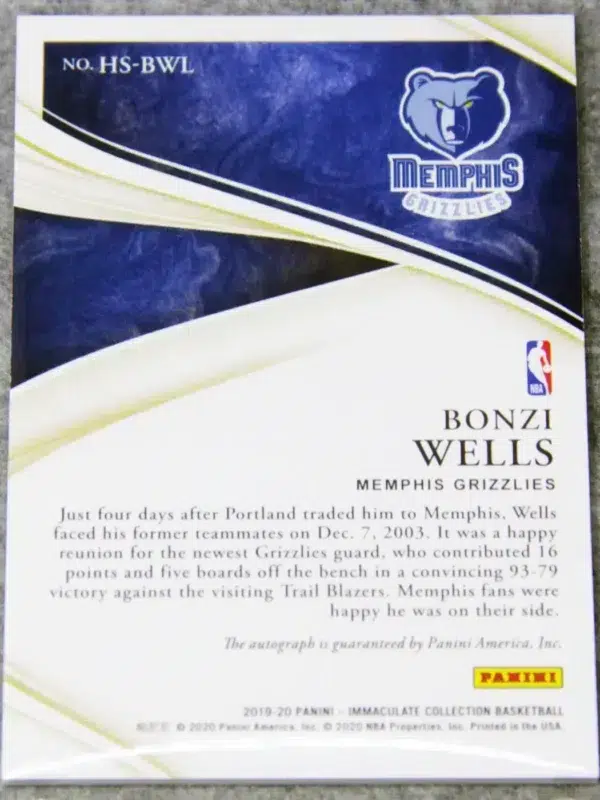 2019-20 Bonzi Wells #HS-BWL Panini Immaculate Heralded Signatures SN#15 - back