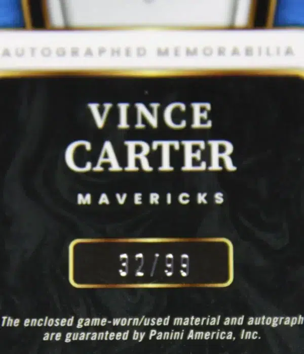 2021-22 Vince Carter #AM-VCT Panini Select Autographed Memorabilia Silver SN#32 - detail