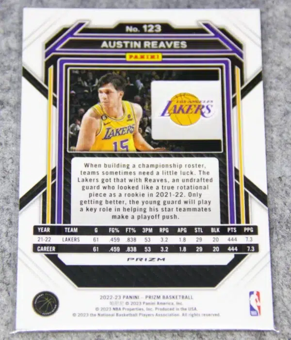 2022-23 Austin Reaves #123 Panini Prizm Hyper Prizm SP - back