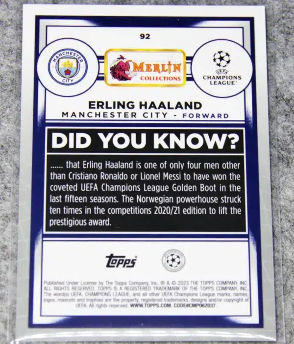 2022-23 Erling Haaland #92 Topps Merlin UEFA Champions League Aqua Refractor - back