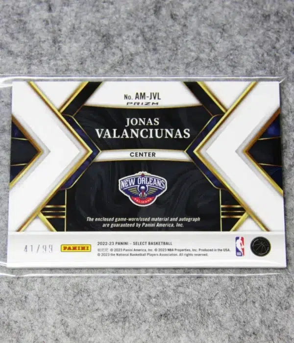 2022-23 Jonas Valanciunas #AM-JVL Panini Select Autographed Memorabilia Purple Prizm SN#41 - back