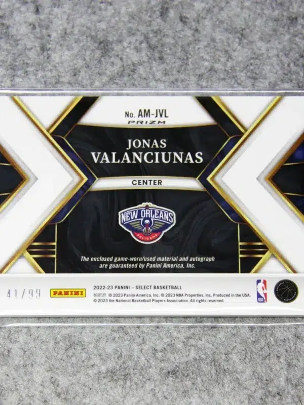 2022-23 Jonas Valanciunas #AM-JVL Panini Select Autographed Memorabilia Purple Prizm SN#41 - back
