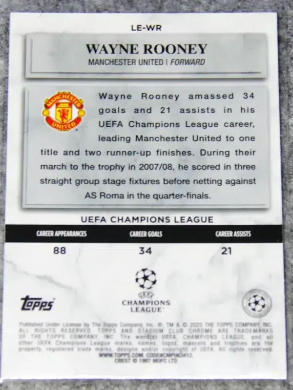 2022-23 Wayne Rooney #LE-WR Topps Stadium Club Chrome UEFA Europa League Legends Of Europe - back