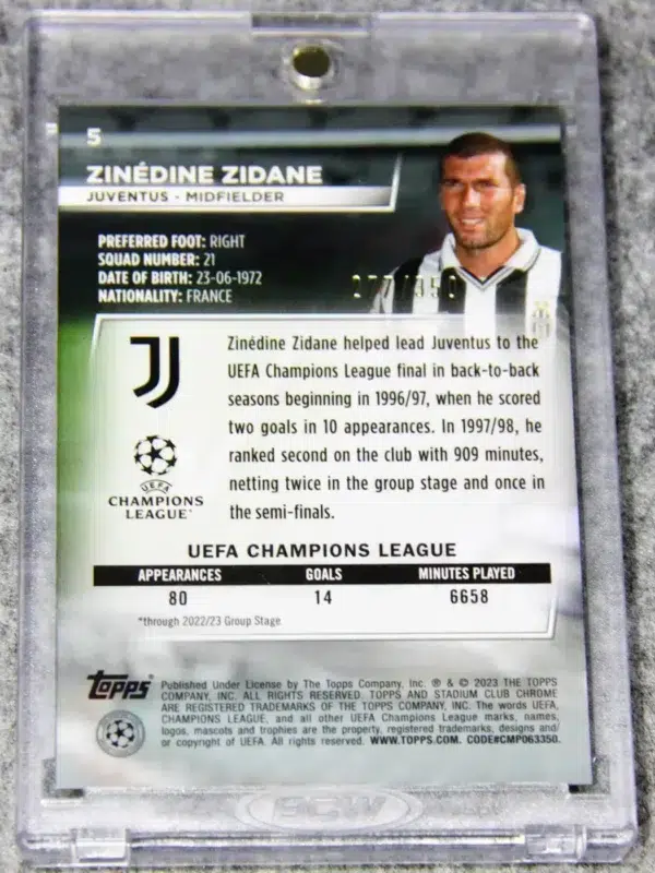 2022-23 Zinedine Zidane #5 Topps Stadium Club Chrome UEFA Champions League Black White Refractor SN#277 - back