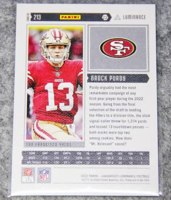 2022 Brock Purdy #213 Panini Chronicles Luminance RC - back