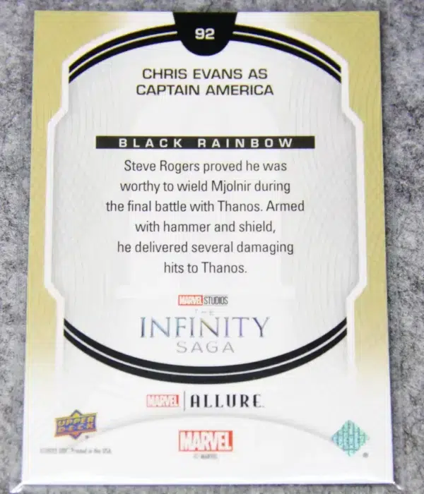 2022 Chris Evans as Captain America #92 Upper Deck Marvel Allure Avengers Endgame Black Rainbow - back
