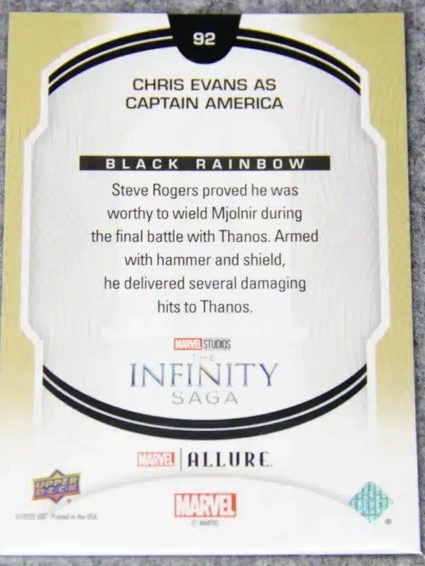 2022 Chris Evans as Captain America #92 Upper Deck Marvel Allure Avengers Endgame Black Rainbow - back