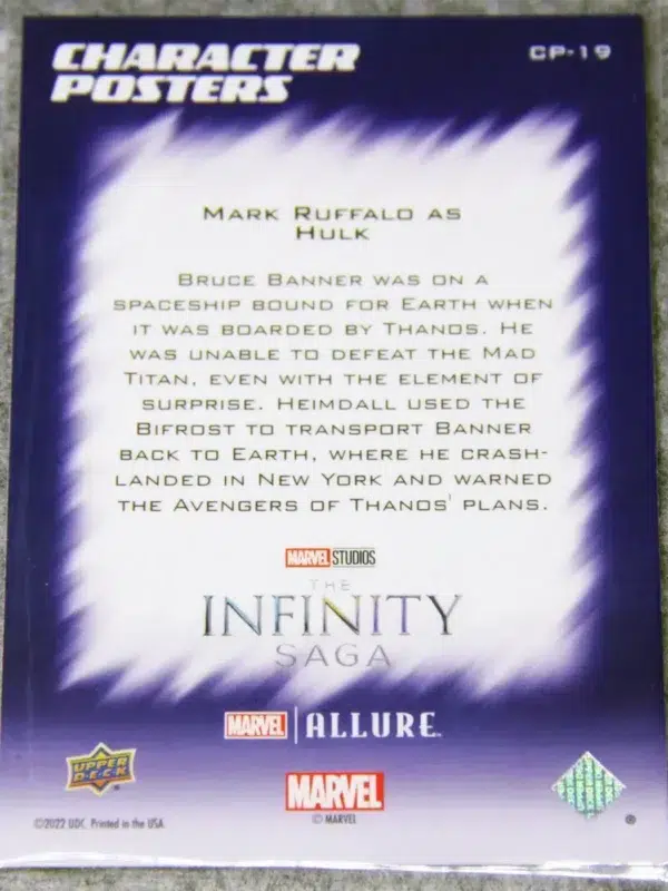 2022 Mark Ruffalo as Hulk #CP-19 Upper Deck Marvel Allure Avengers Character Posters - back
