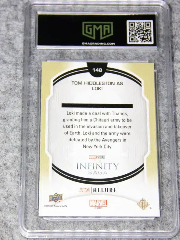 2022 Tom Hiddleston as Loki #148 Upper Deck Marvel Allure Avengers Sky Blue SP GMA 10 GEM MT - back