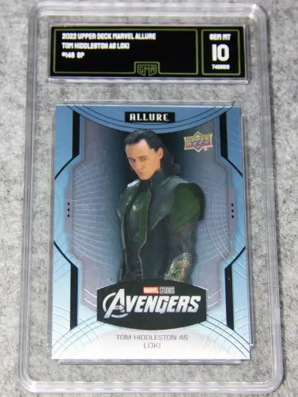 2022 Tom Hiddleston as Loki #148 Upper Deck Marvel Allure Avengers Sky Blue SP GMA 10 GEM MT - front