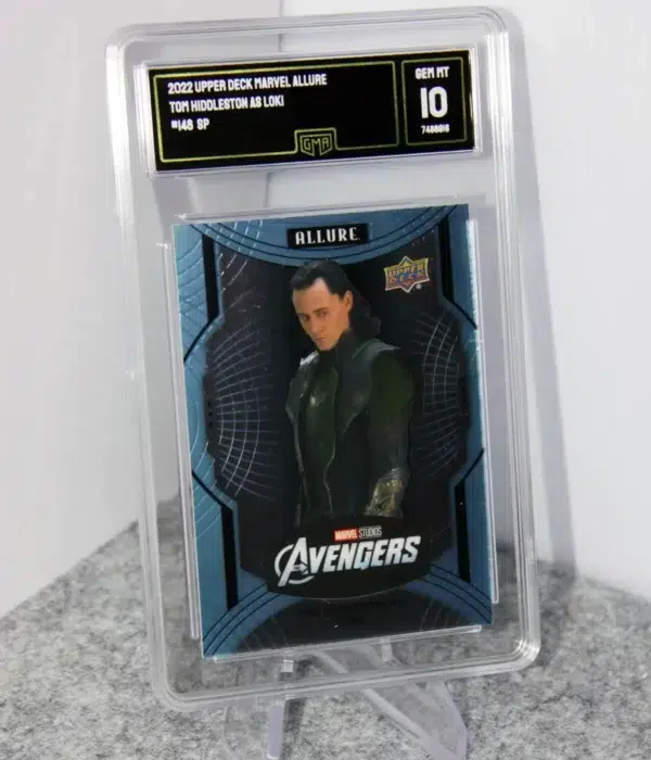 2022 Tom Hiddleston as Loki #148 Upper Deck Marvel Allure Avengers Sky Blue SP GMA 10 GEM MT - stand