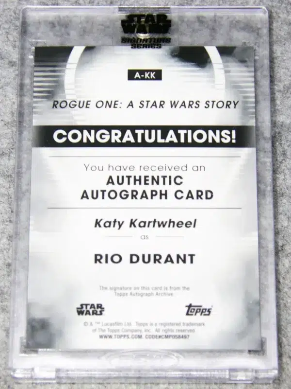 2023 Katy Kartwheel as Rio Durant #A-KK Topps Star Wars Rogue One A Star Wars Story Authentic Autograph - back