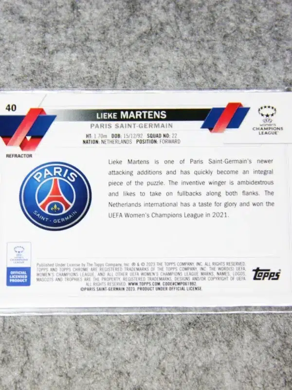 2023 Lieke Martens #40 Topps Chrome UEFA Women's Champions League Refractor - back