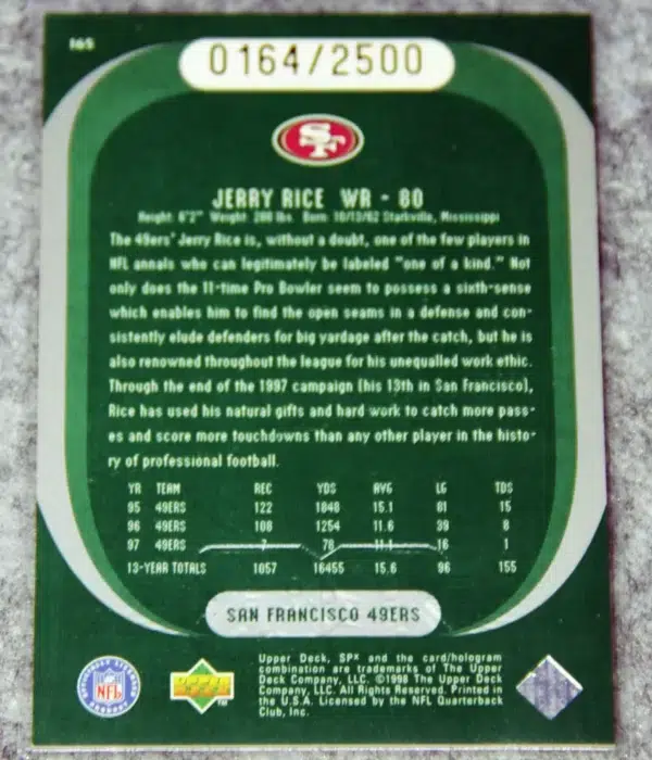 1998 Jerry Rice #165 Upper Deck SPx Finite Pure Energy Holo SN#164 - back