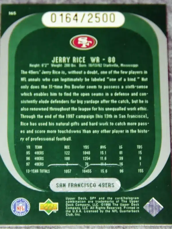 1998 Jerry Rice #165 Upper Deck SPx Finite Pure Energy Holo SN#164 - back