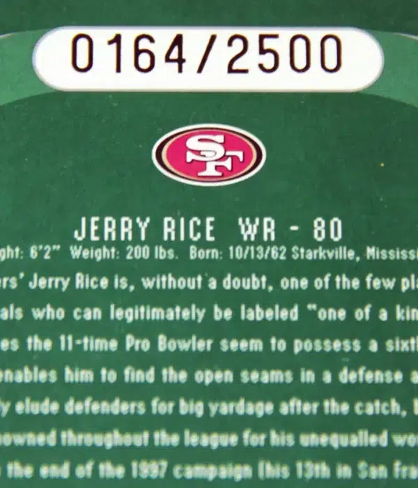 1998 Jerry Rice #165 Upper Deck SPx Finite Pure Energy Holo SN#164 - detail
