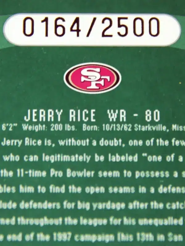 1998 Jerry Rice #165 Upper Deck SPx Finite Pure Energy Holo SN#164 - detail