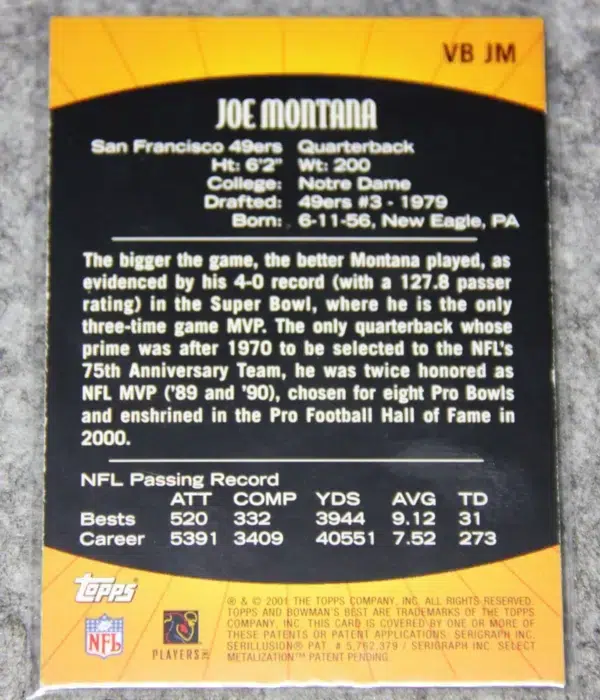 2001 Joe Montana #VB-JM Topps Bowman's Best Vintage Best - back