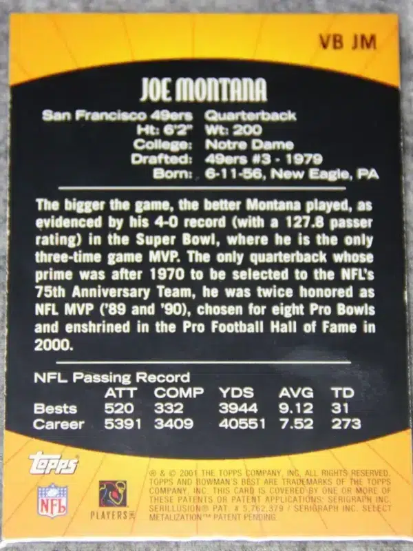 2001 Joe Montana #VB-JM Topps Bowman's Best Vintage Best - back