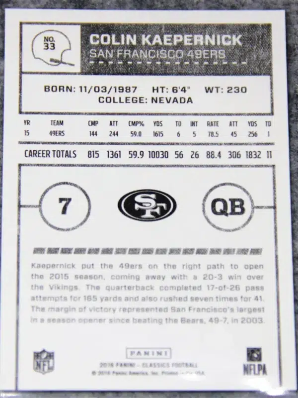 2016 Colin Kaepernick #33 Panini Classics Glossy - back