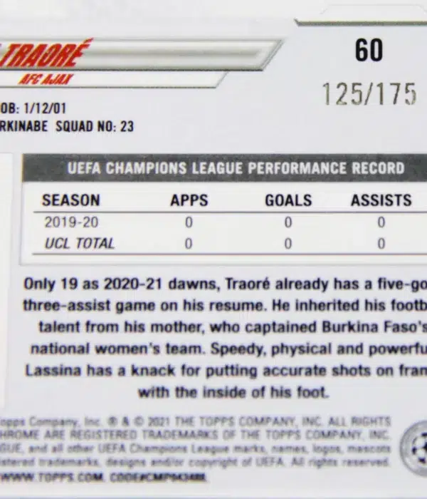 2020-21 Lassina Traore #60 Topps Chrome UEFA Champions League Pink Refractor SN#125 - detail