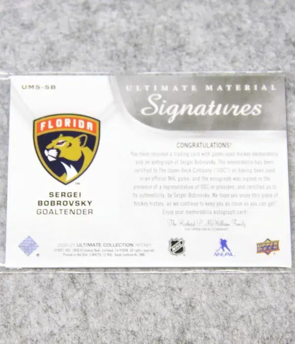 2020-21 Sergei Bobrovsky #UMS-SB Upper Deck Ultimate Material Signatures SN#69 - back