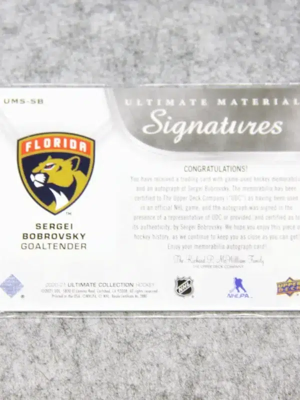 2020-21 Sergei Bobrovsky #UMS-SB Upper Deck Ultimate Material Signatures SN#69 - back